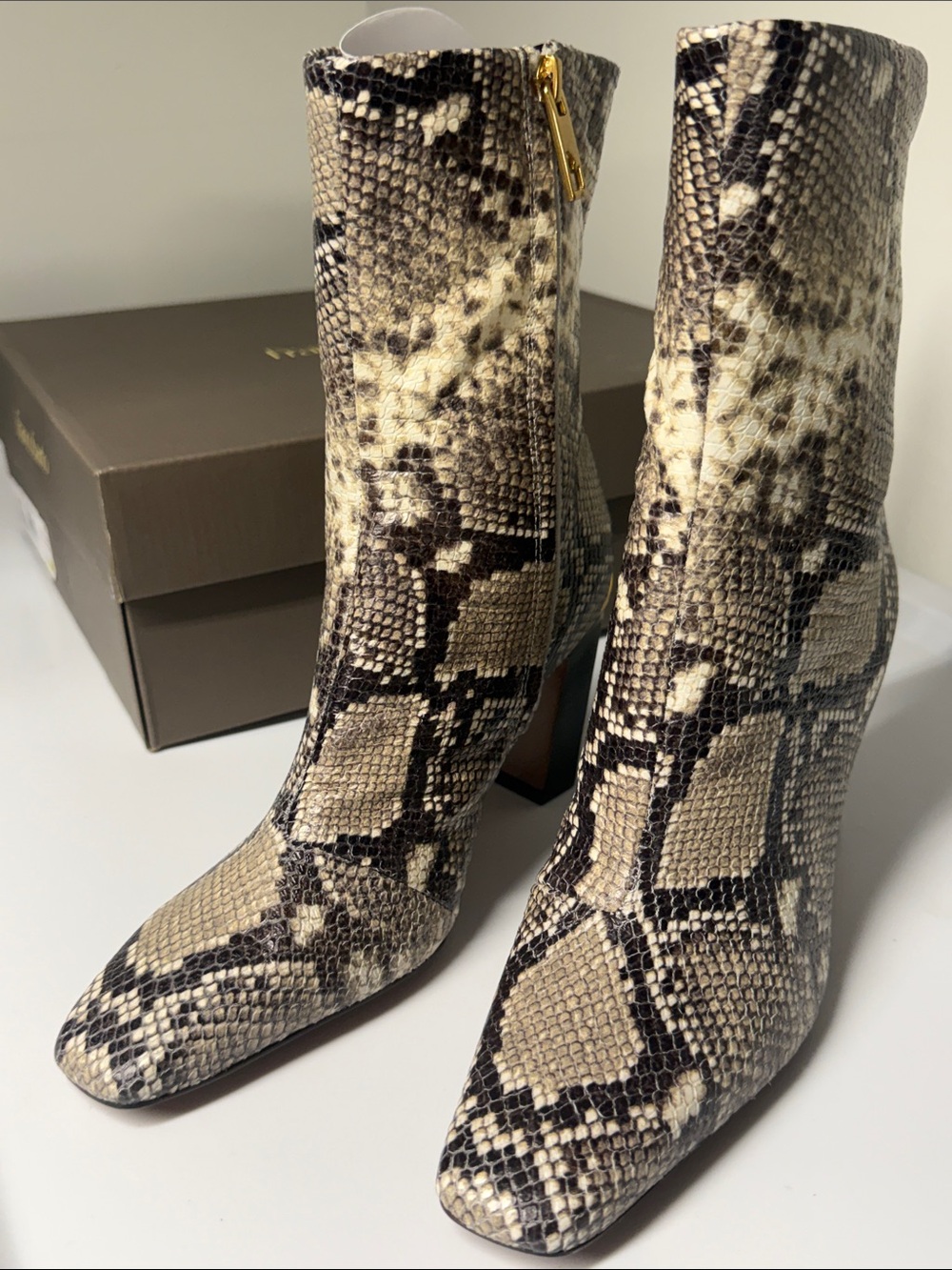 Franco Sarto Snake-Print Ankle Boots in Taupe, Black and Cream